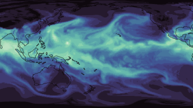 Image of a dark blue flattened projection of the Earth, with lighter blue areas showing the circulation of the atmosphere.